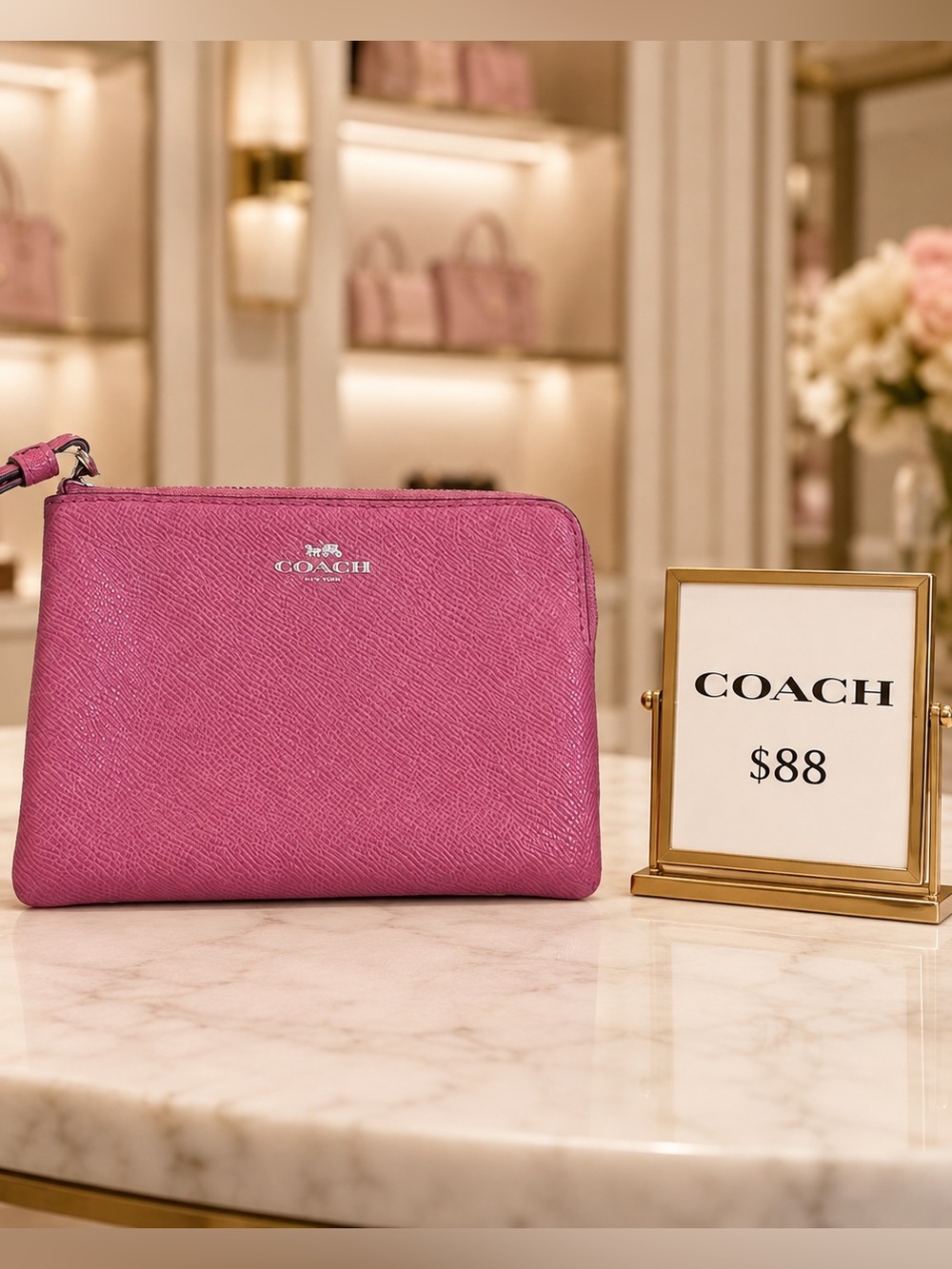 Coach Pink Crossgrain Leather Corner
Zip Wristlet Wallet Hot Bright Pink